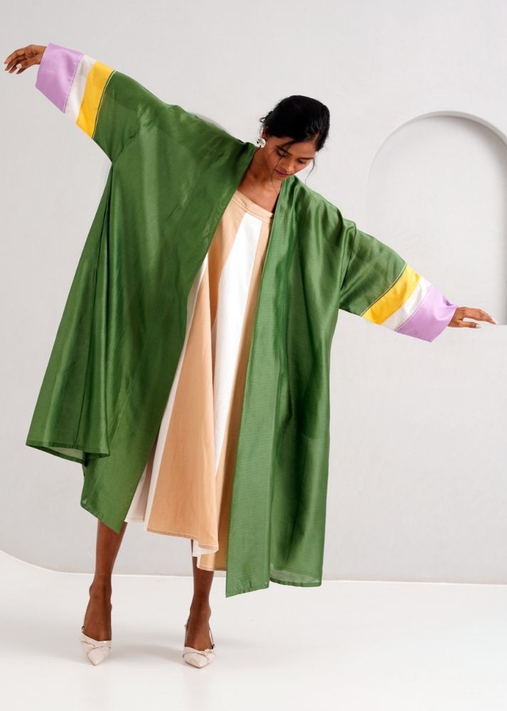 A Model Wearing Green Handloom Chanderi Silk Dallas Jacket, curated by Only Ethikal