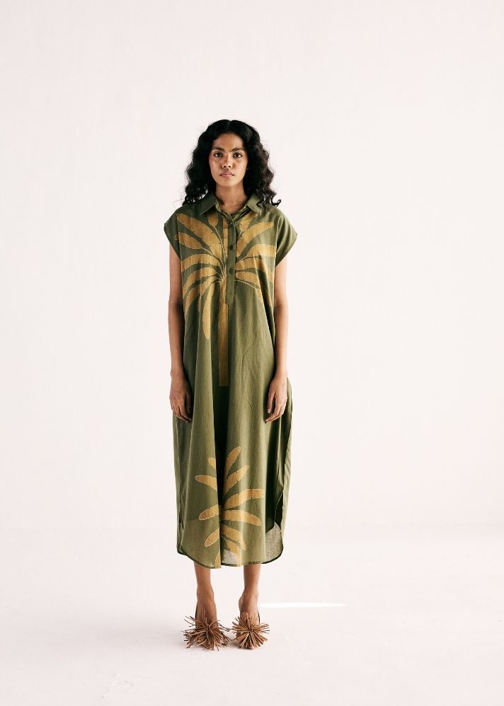 A Model Wearing Multicolor Cotton Mul Olive Palm Shirt Dress, curated by Only Ethikal