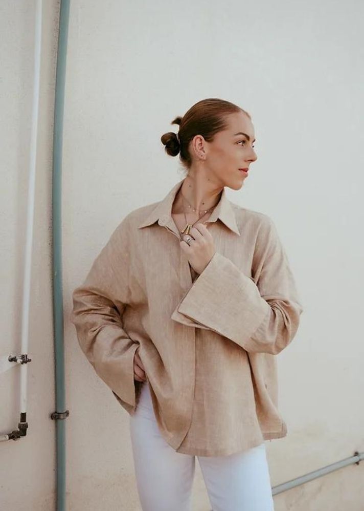 A Model Wearing Beige Linen Iris Shirt, curated by Only Ethikal