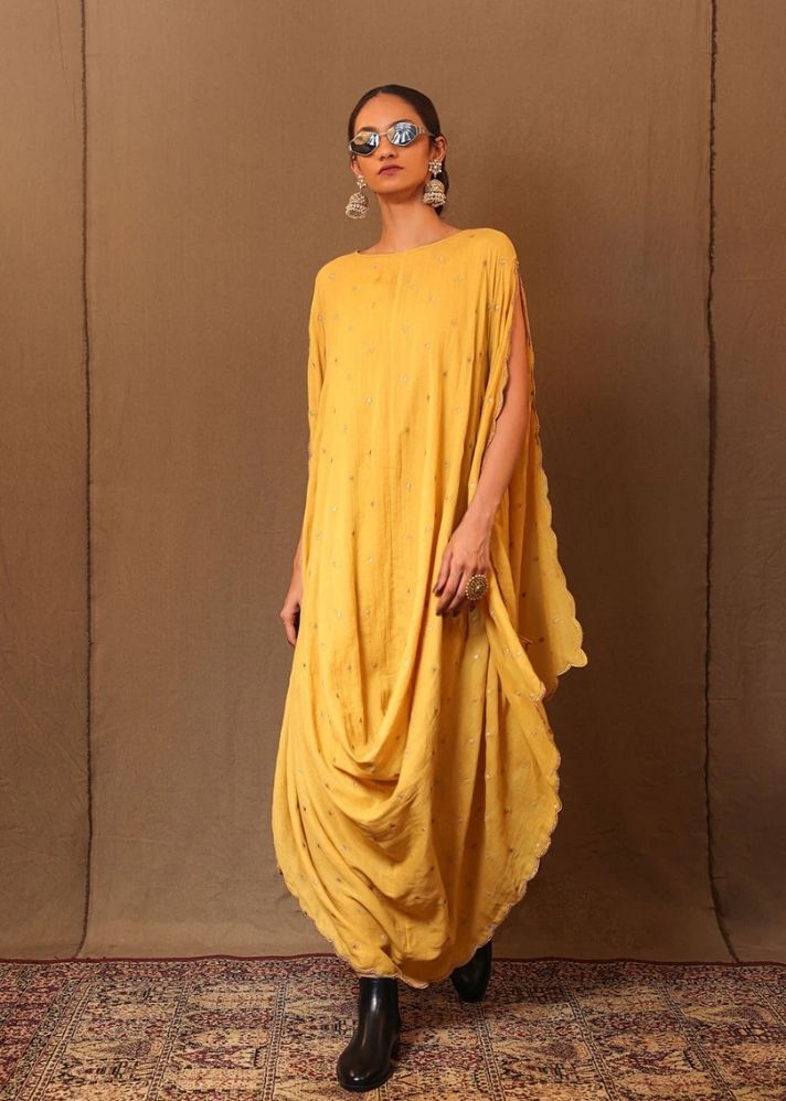 Mustard Zari Spade Emb Cowl Dress