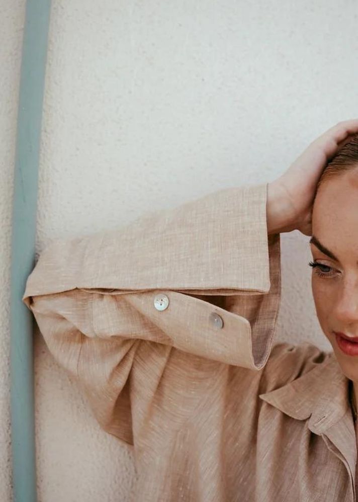 A Model Wearing Beige Linen Iris Shirt, curated by Only Ethikal