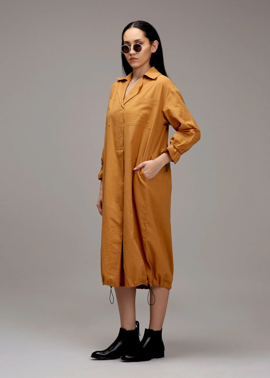 Tan-Brown Elasticated Shirt Dress