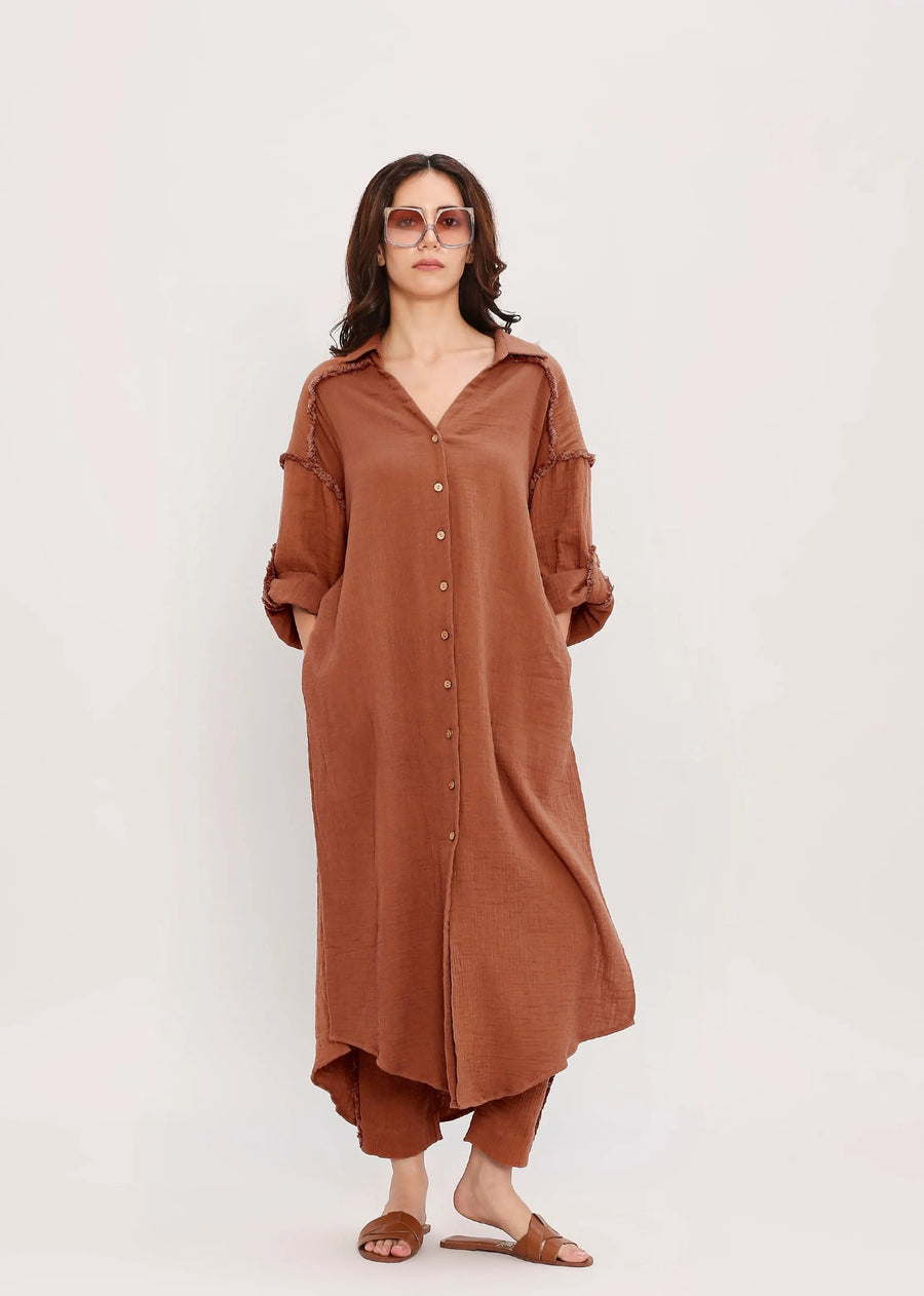 Coco Brown Fringed Shirt Set (2 Pcs)