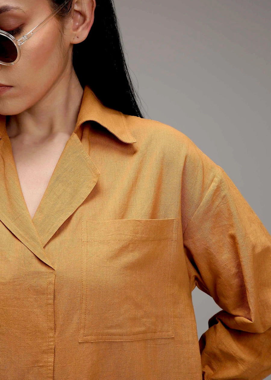 Tan-Brown Elasticated Shirt Dress