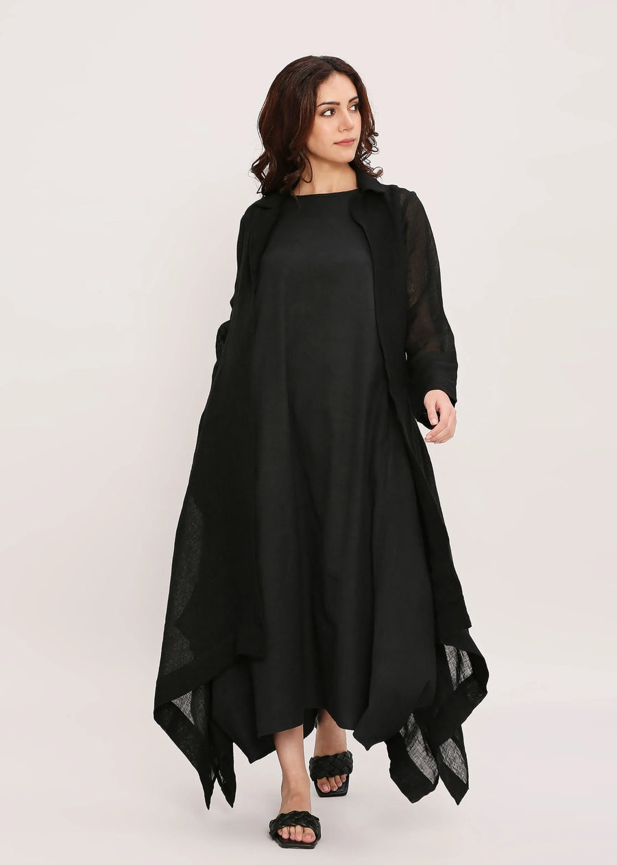 A Model Wearing Black Pure Cotton Black Vari & Linen Trench Koza Jacket Co-Ord Set (2 PCS), curated by Only Ethikal