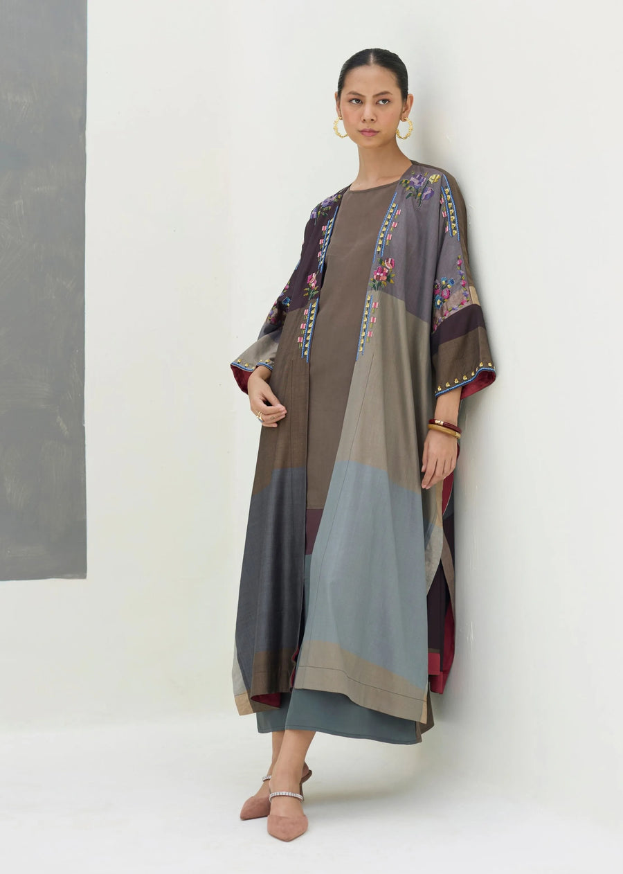 A Model Wearing Brown Silk Darri Hand-Embroidered Overlay - Taupe Grey, curated by Only Ethikal