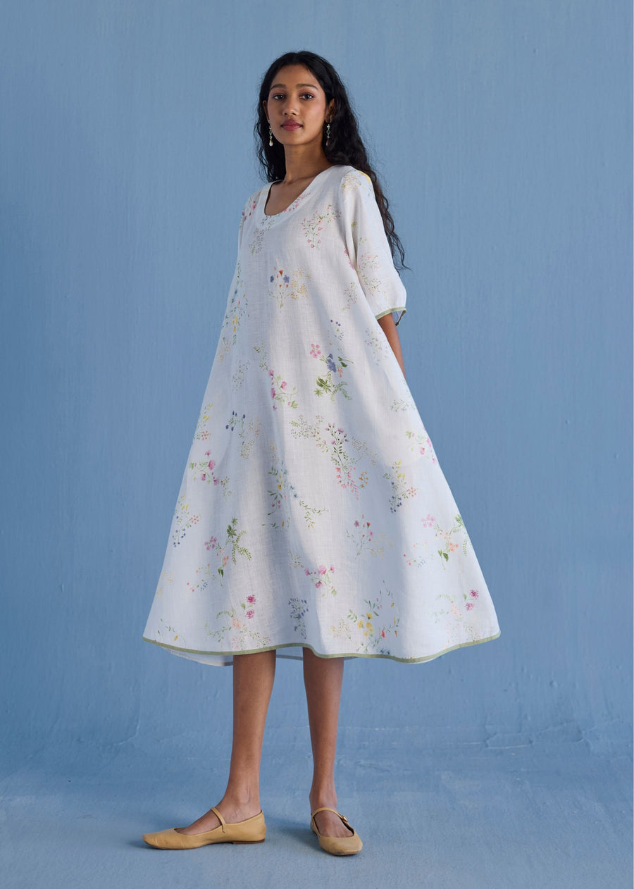 Nami Floral Printed Linen Dress - White