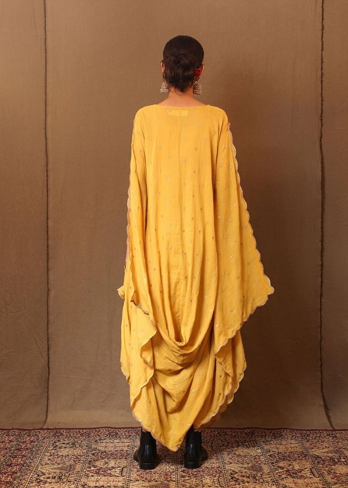 Mustard Zari Spade Emb Cowl Dress