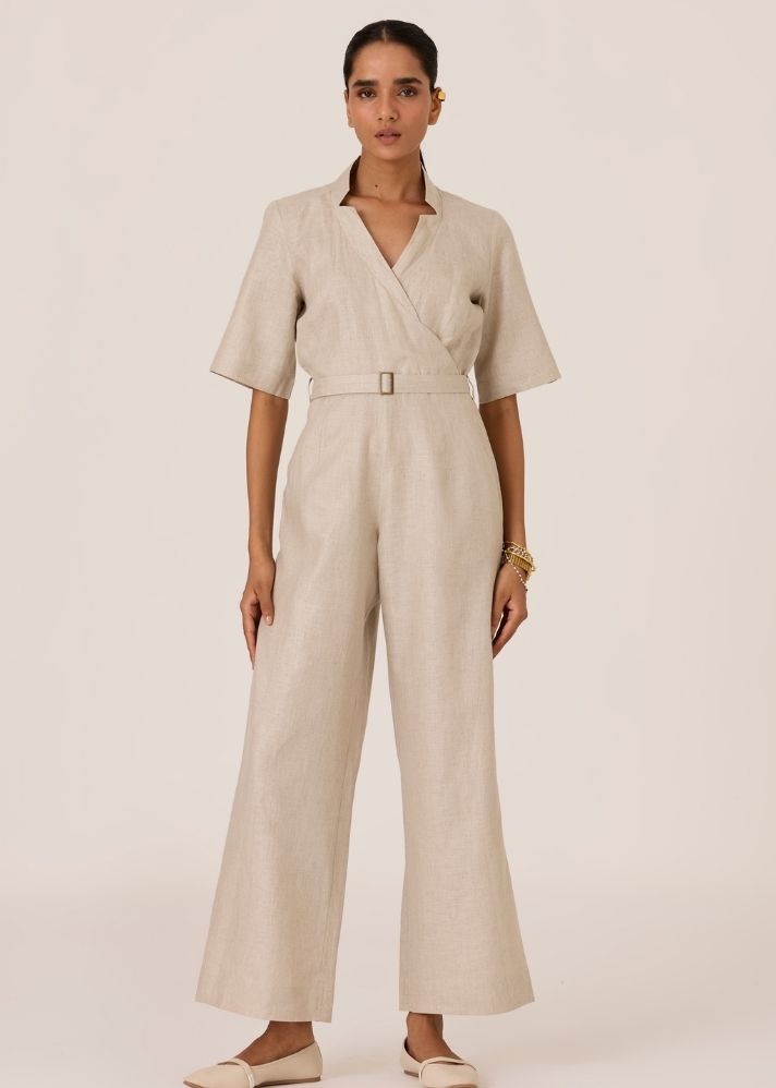 A Model Wearing Beige Linen Jos Beige Linen Jumpsuit , curated by Only Ethikal