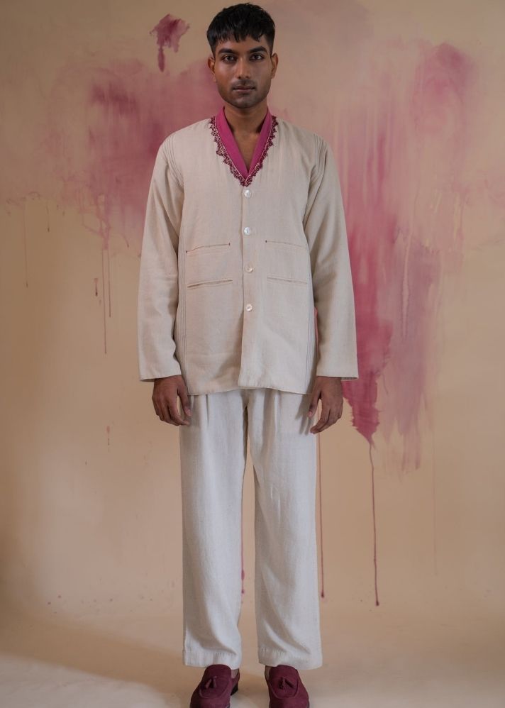 A Model Wearing White Pure Cotton Phosphene Unisex Reversible Jacket, curated by Only Ethikal