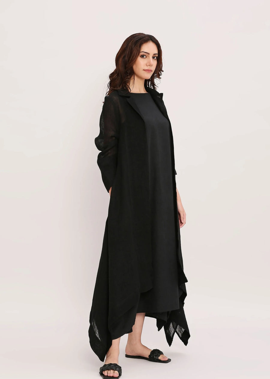 Black Vari & Linen Trench Koza Jacket Co-Ord Set (2 PCS)