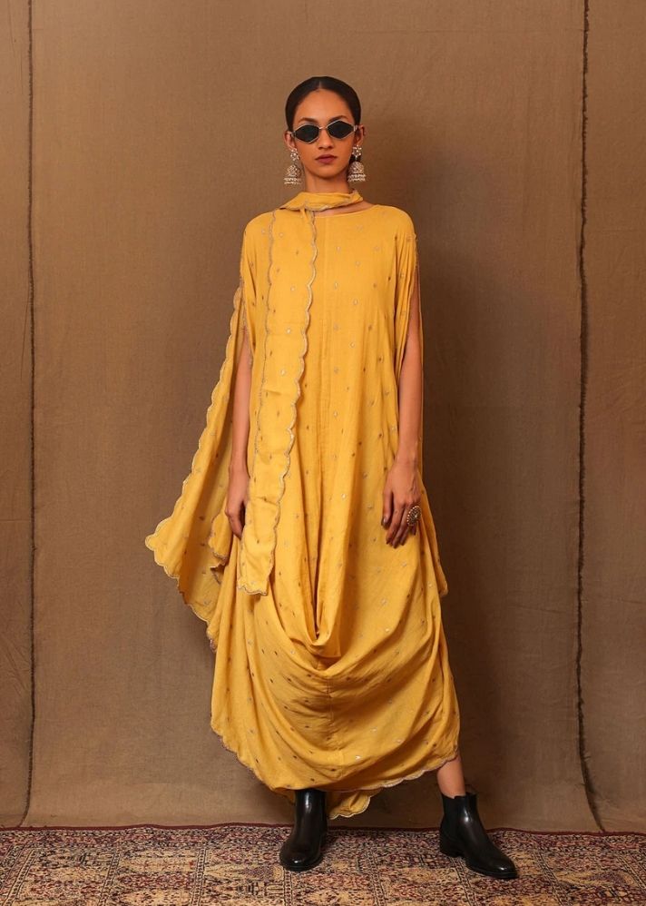 A Model Wearing Yellow Pure Cotton Mustard Zari Spade Emb Cowl Dress & Stole (3 Pcs), curated by Only Ethikal