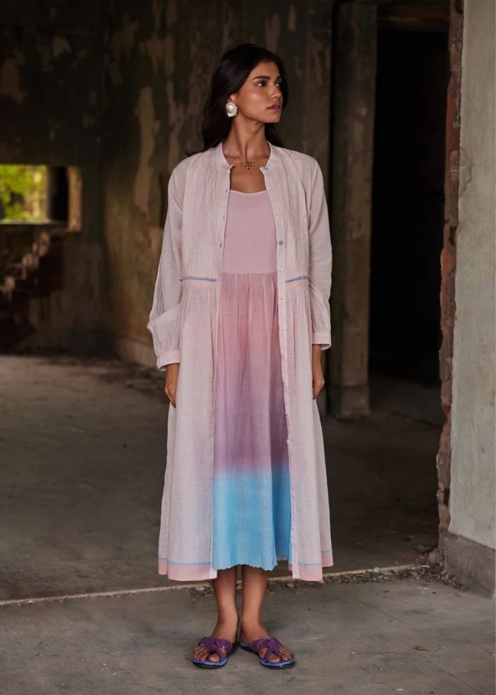 A Model Wearing Pink Handloom Cotton Adity Set, curated by Only Ethikal