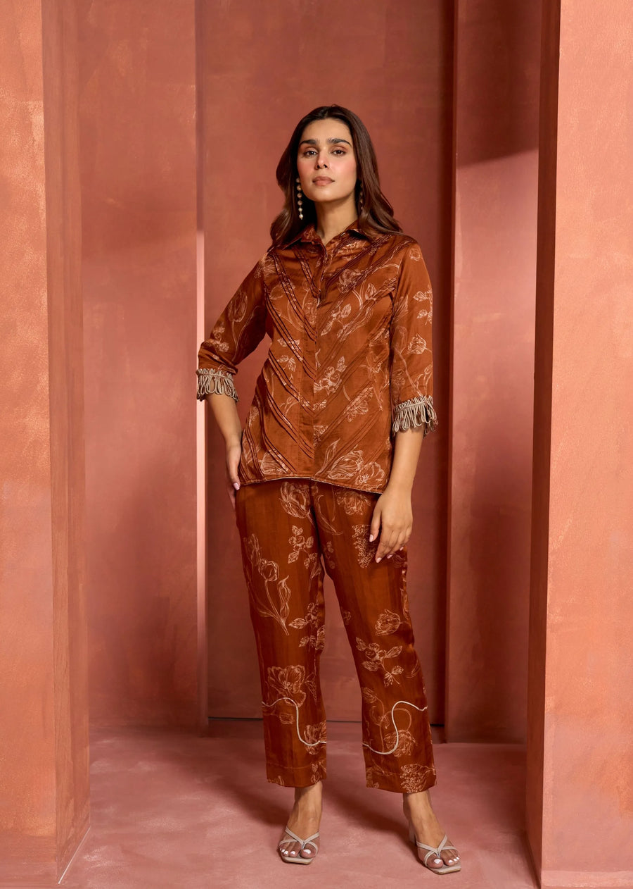 A Model Wearing Orange Linen Bemberg Autumn Co-Ord Set, curated by Only Ethikal