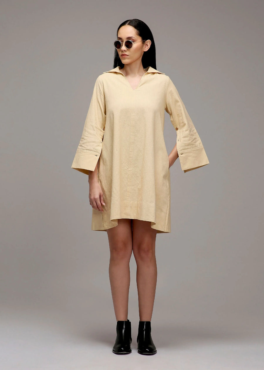 A Model Wearing Off White Cotton Egg-Shell A-Line Shift Dress, curated by Only Ethikal