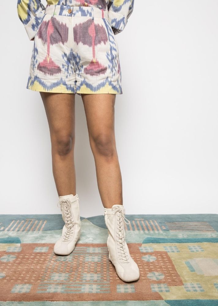 A Model Wearing Multicolor Handwoven Cotton Ikat Slouchy Pleated Shorts, curated by Only Ethikal