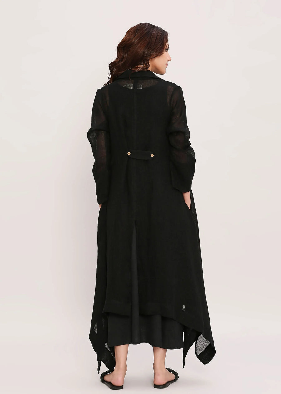 Black Vari & Linen Trench Koza Jacket Co-Ord Set (2 PCS)
