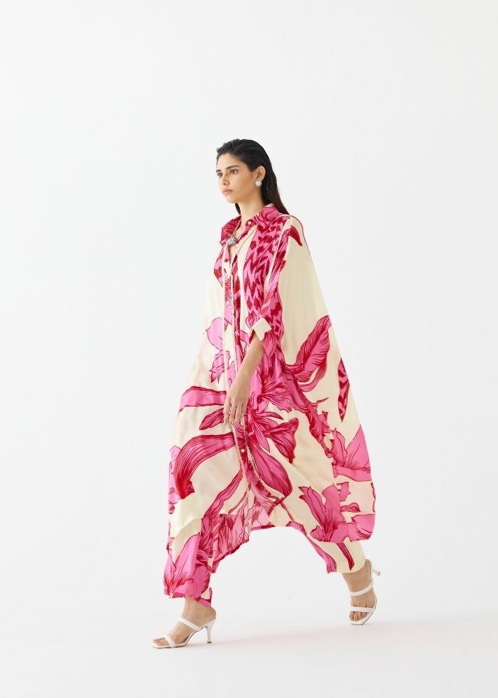 A Model Wearing Multicolor Organic Cupro Pink Aphrodite Kimono & Pants, curated by Only Ethikal