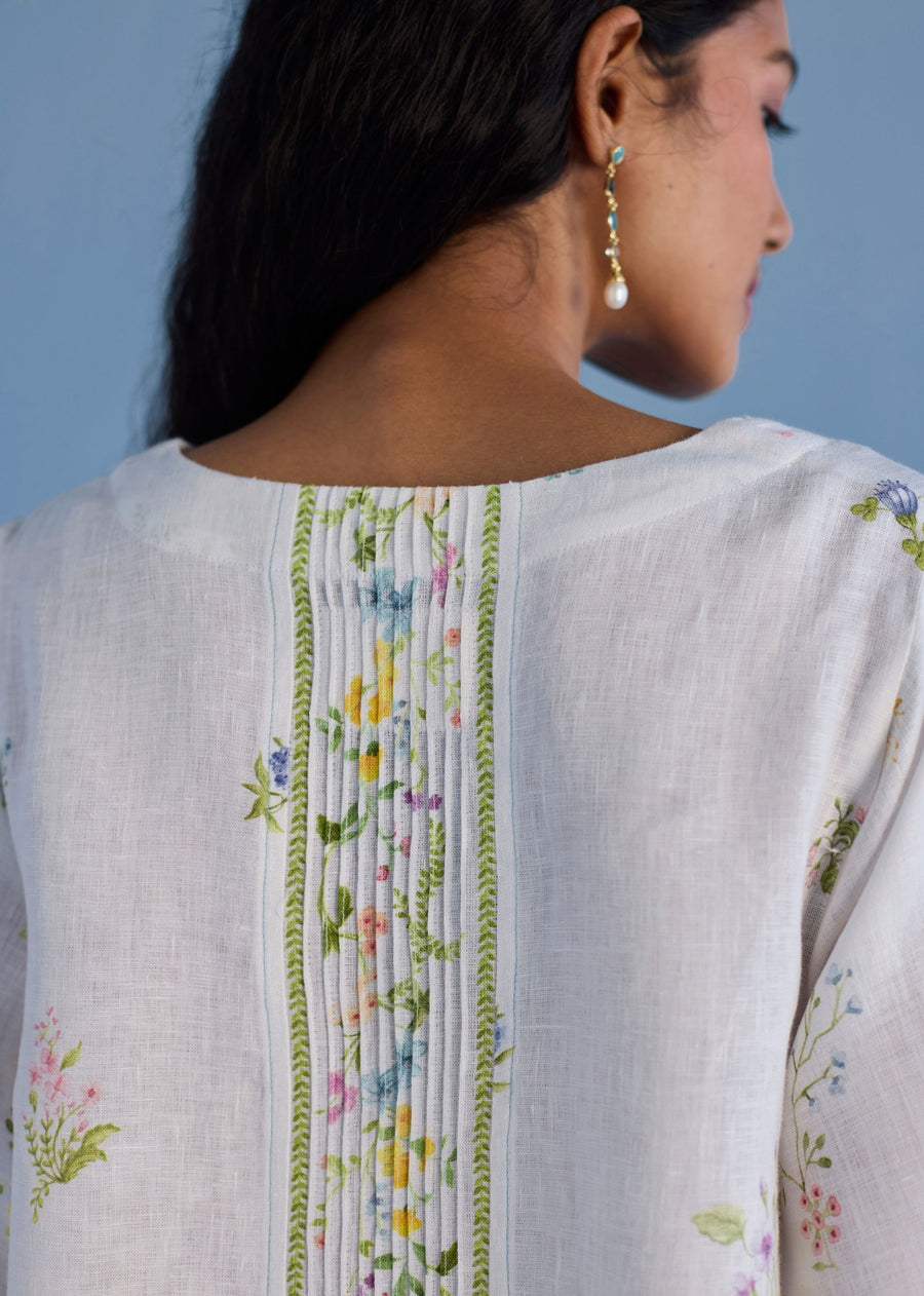 Nami Floral Printed Linen Dress - White