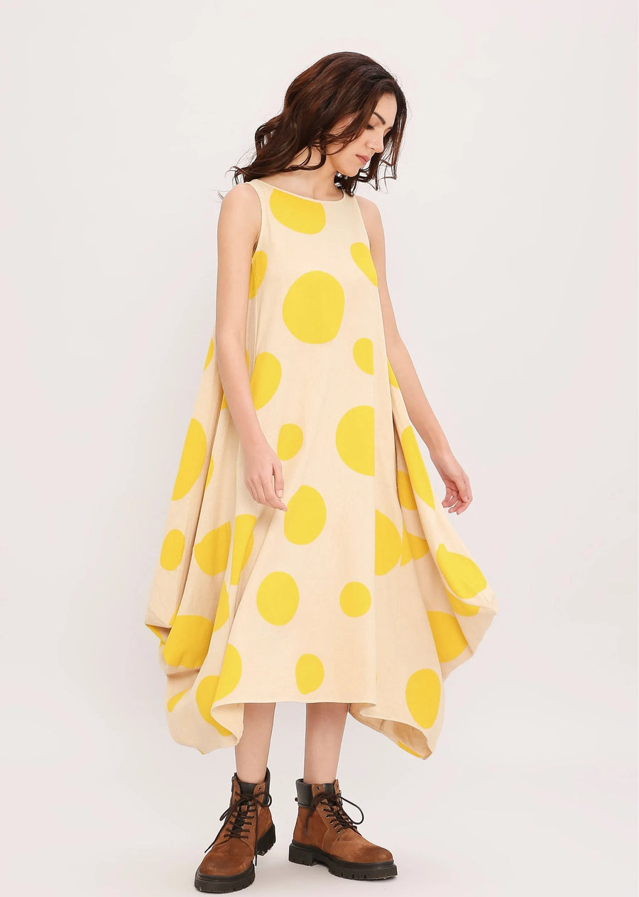 A Model Wearing Yellow, Green, Red, Blue Pure Cotton Capsule Edit Hand Block Printed Polka Vari Dress, curated by Only Ethikal