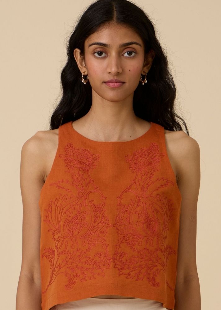 Olena Orange Embroidered Top