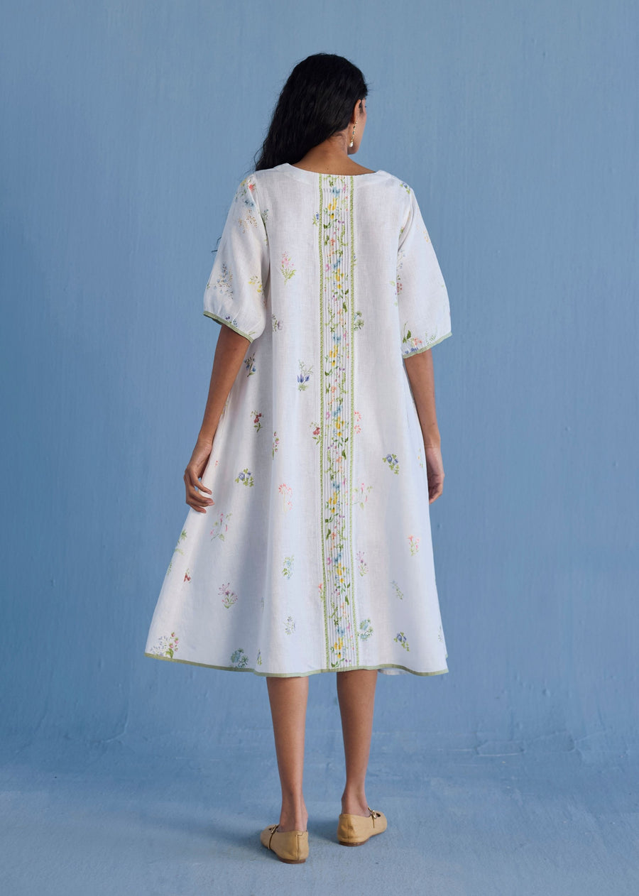 Nami Floral Printed Linen Dress - White