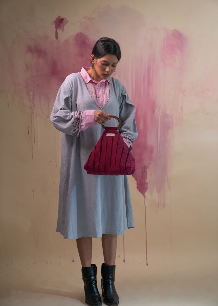 A Model Wearing Grey Pure Cotton Phosphene Layered Dress, curated by Only Ethikal