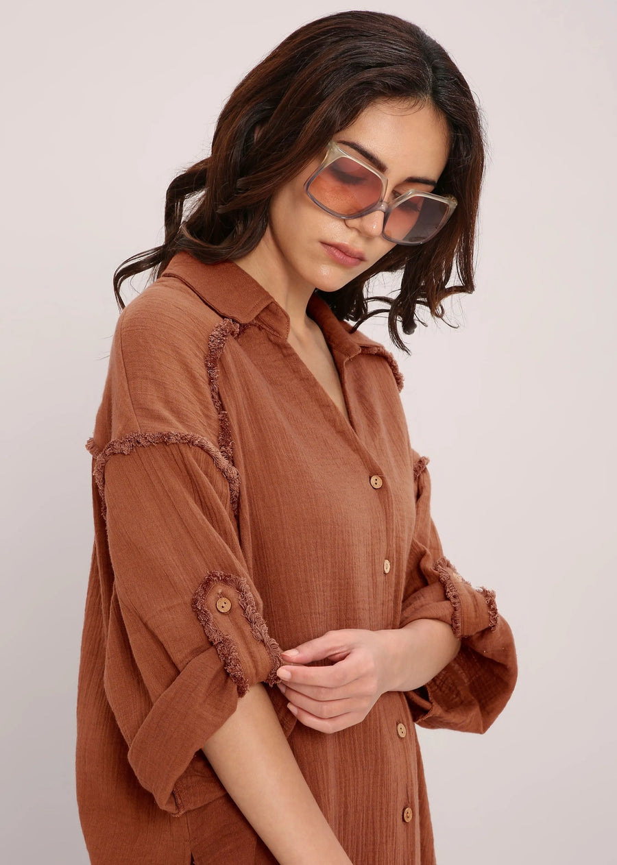 Coco Brown Fringed Shirt Set (2 Pcs)