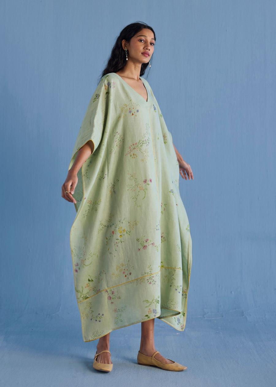 Eva Floral Linen Kaftan Dress - Mint