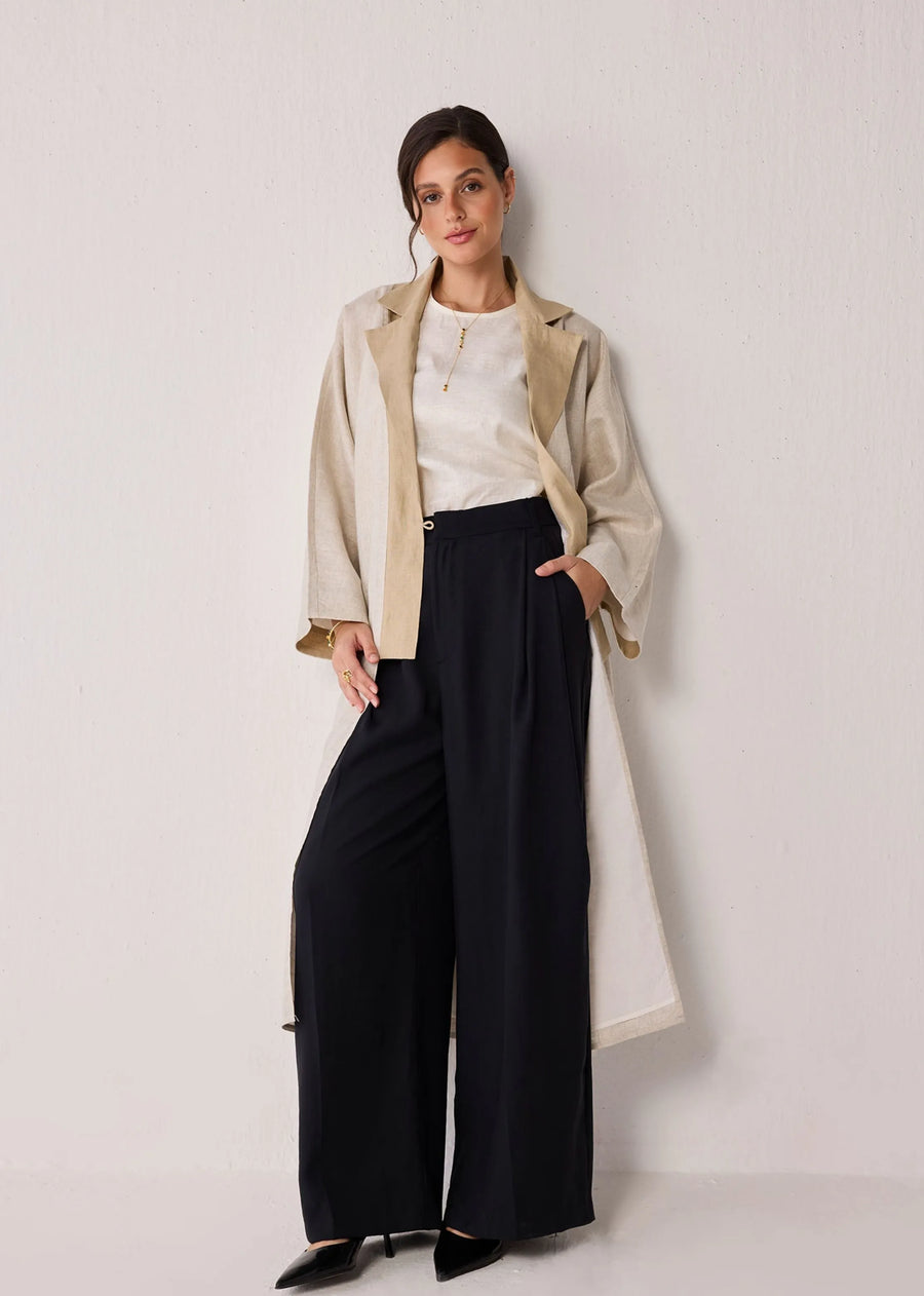 Oversized Long Hemp Jacket With Side Slits In Beige