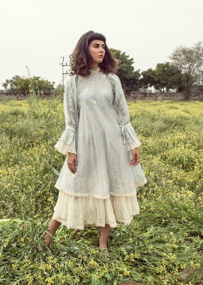 A Model Wearing Green Handwoven Cotton Beauty In Emerald Dress In Silk & Kota Slub  , curated by Only Ethikal