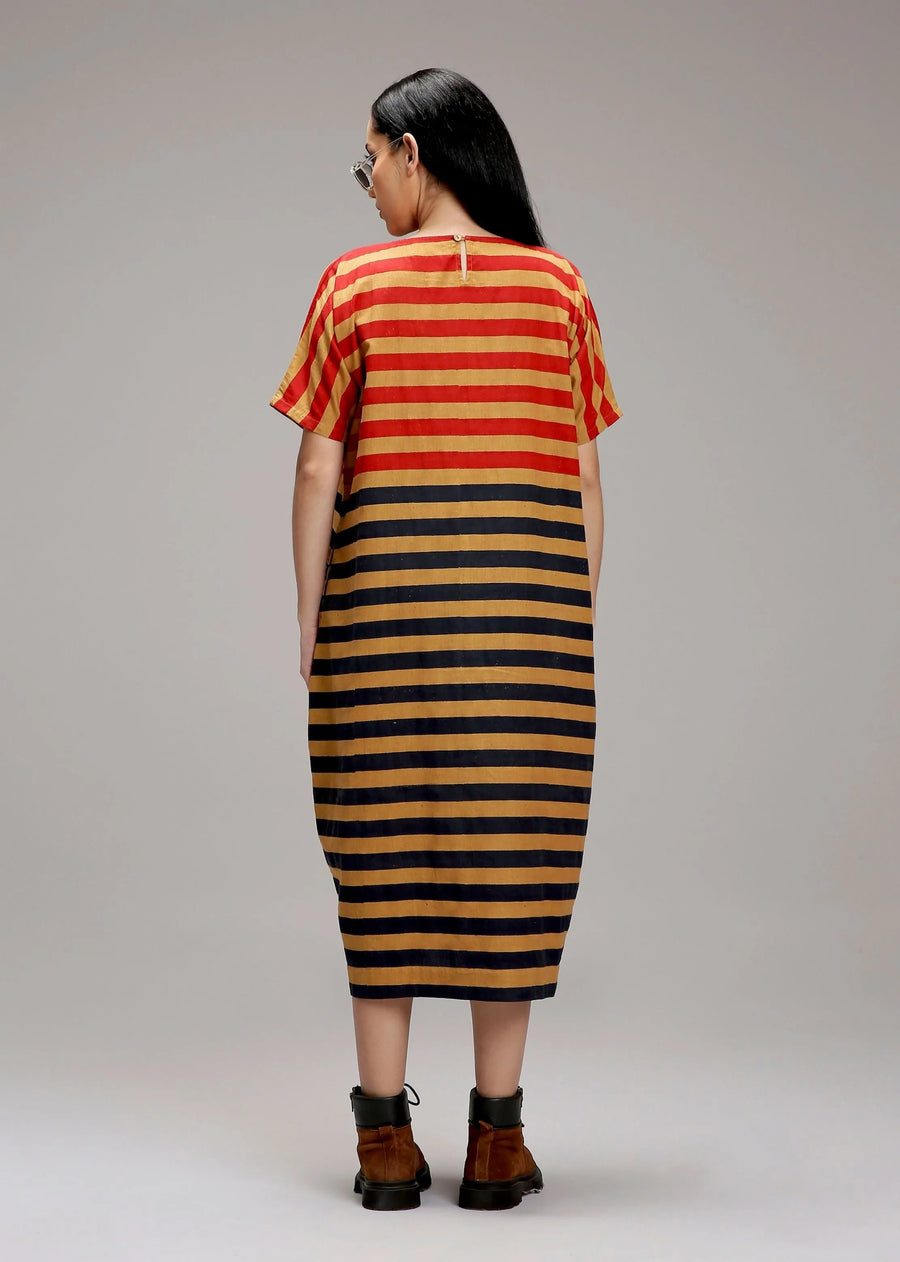 Tan-Brown Red & Blue Dual Striped Dress