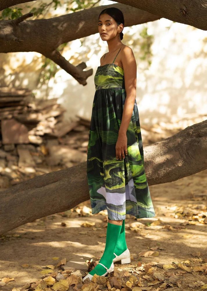 A Model Wearing Multicolor Upcycled Cotton Ella Green Dress, curated by Only Ethikal
