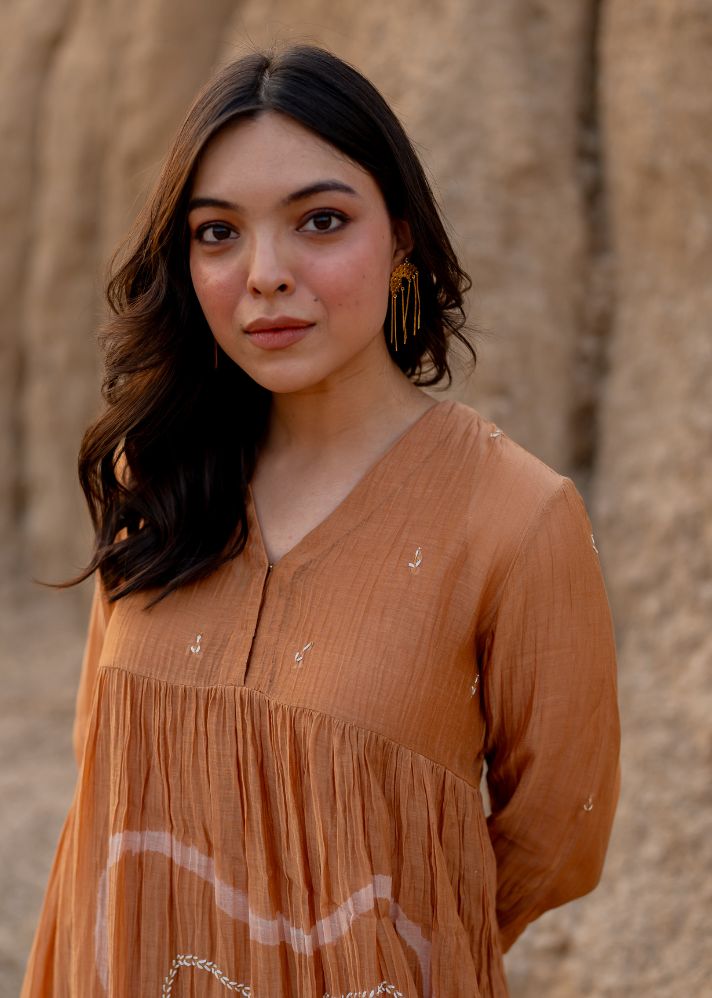 A Model Wearing Peach Chanderi Cotton Rust Arazi Dress, curated by Only Ethikal