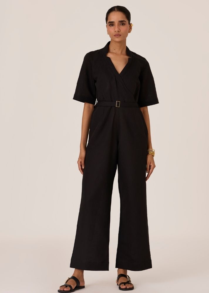 A Model Wearing Black Linen Jos Black Jumpsuit , curated by Only Ethikal