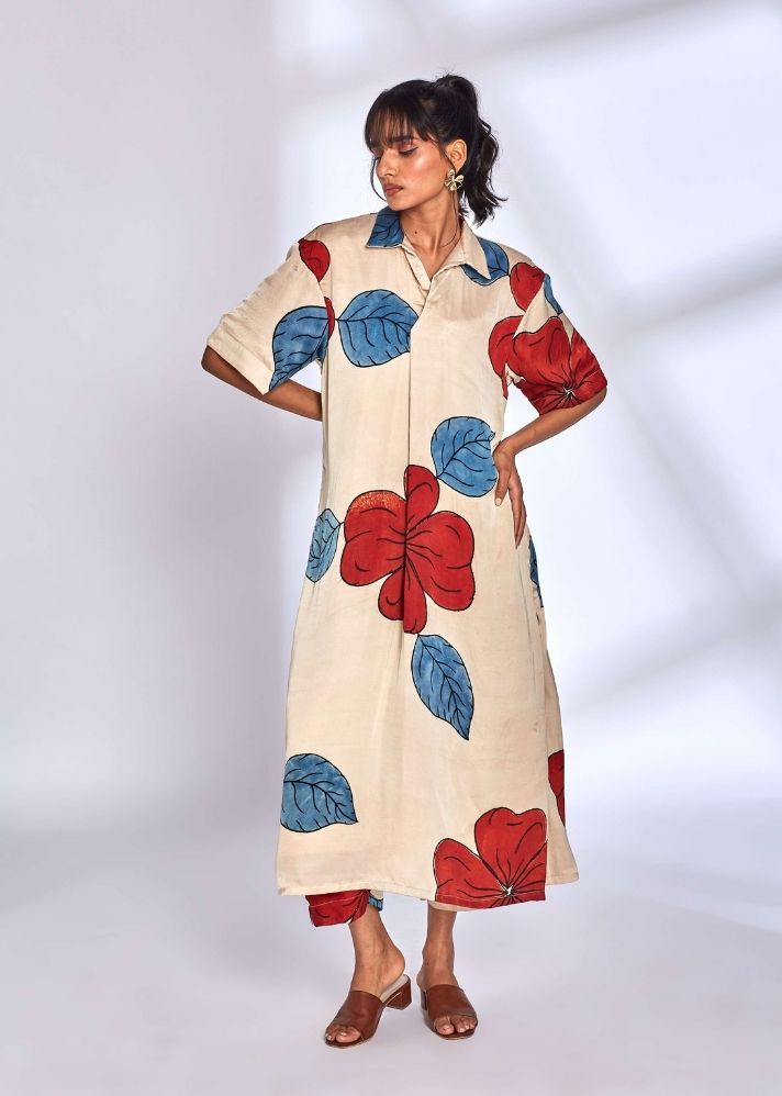 A Model Wearing Multicolor Modal Silk Fleur Kurta Set, curated by Only Ethikal