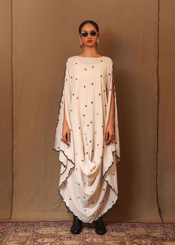 A Model Wearing White Pure Cotton Off-White Black Club Emb Cowl Dress, curated by Only Ethikal