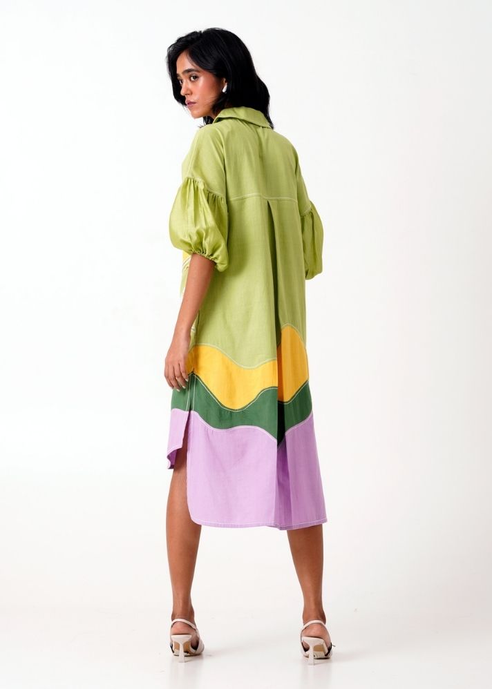 A Model Wearing Multicolor Handloom Cotton Oask Midi Dress, curated by Only Ethikal