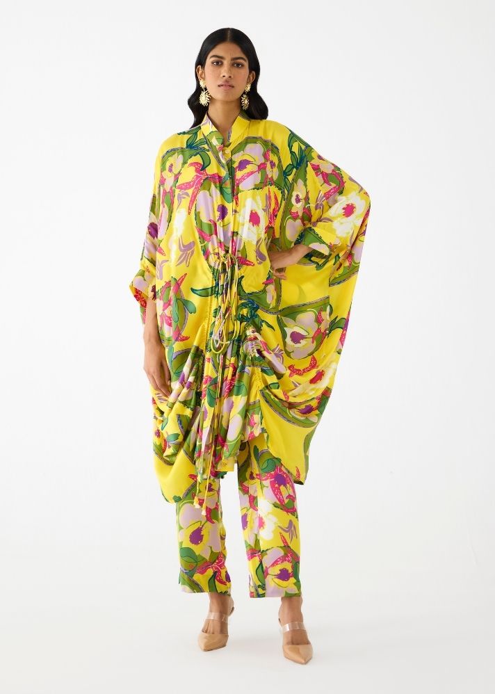 A Model Wearing Multicolor Vegan Silk Paisley Drawstring Kimono With Pants , curated by Only Ethikal