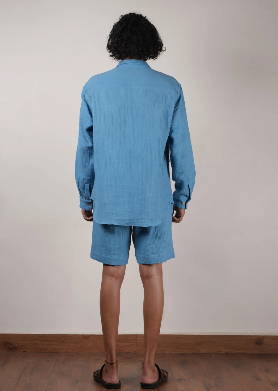 Men'S Crush Cotton Blue Shawl Jacket