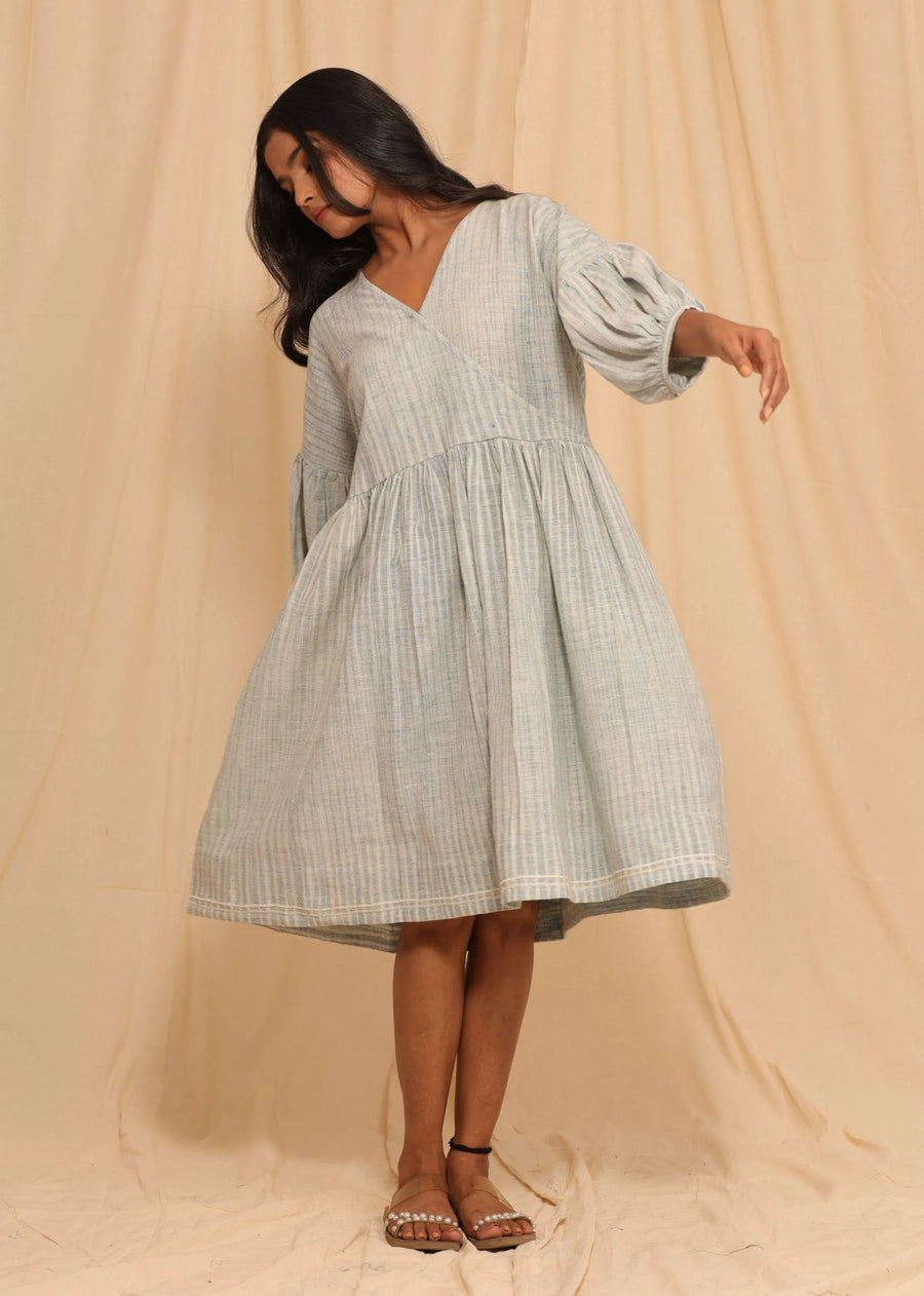 Striped Katab Embroidery Midi Dress