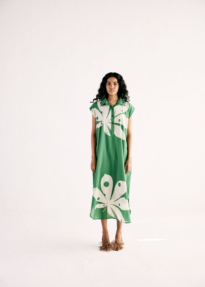 A Model Wearing Multicolor Cotton Mul Maple Leaf Shirt Dress, curated by Only Ethikal