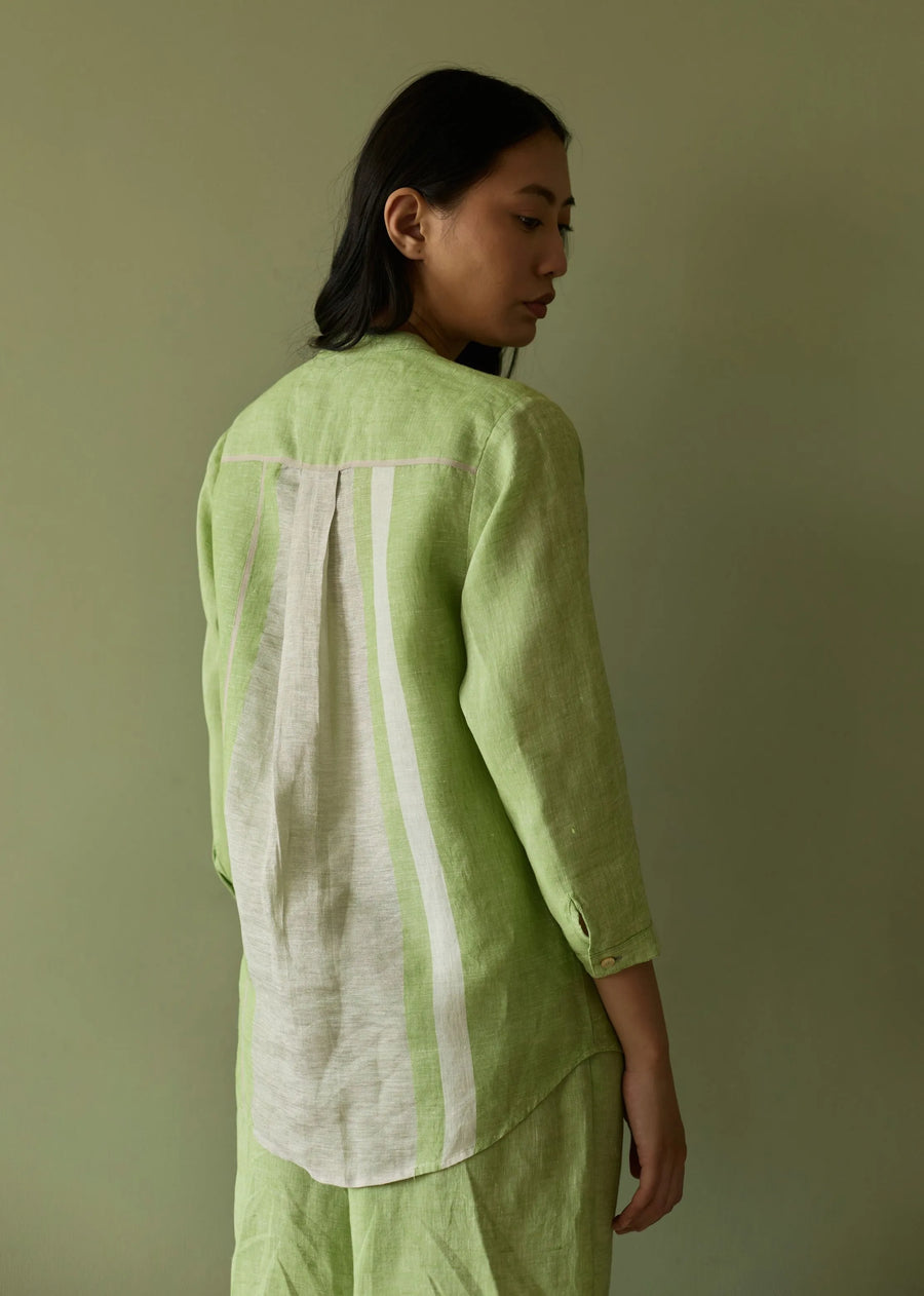 Buy Green Linen Shirts and Tops - Aline Mandarin Collar Border Linen ...
