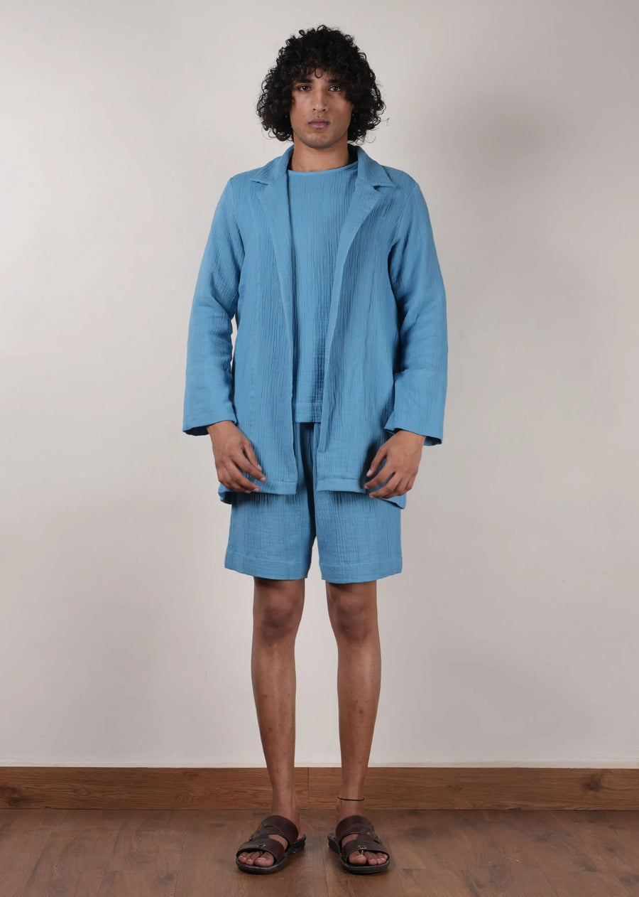 Men'S Crush Cotton Blue Shawl Jacket