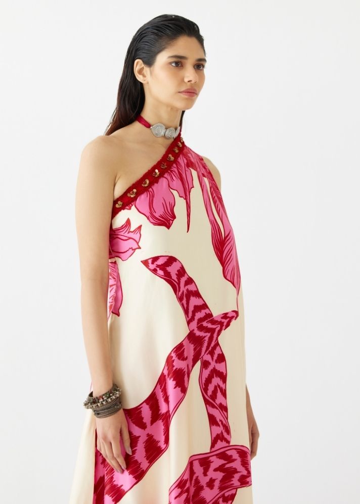 A Model Wearing Multicolor Organic Cupro Pink Aphrodite One Shoulder Kurta & Flared Pants Co-Ord, curated by Only Ethikal