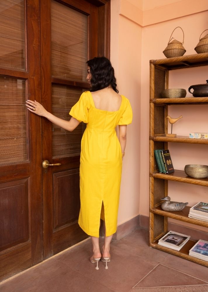 A Model Wearing Yellow Organic Cotton Nicobar Dress- Yellow, curated by Only Ethikal