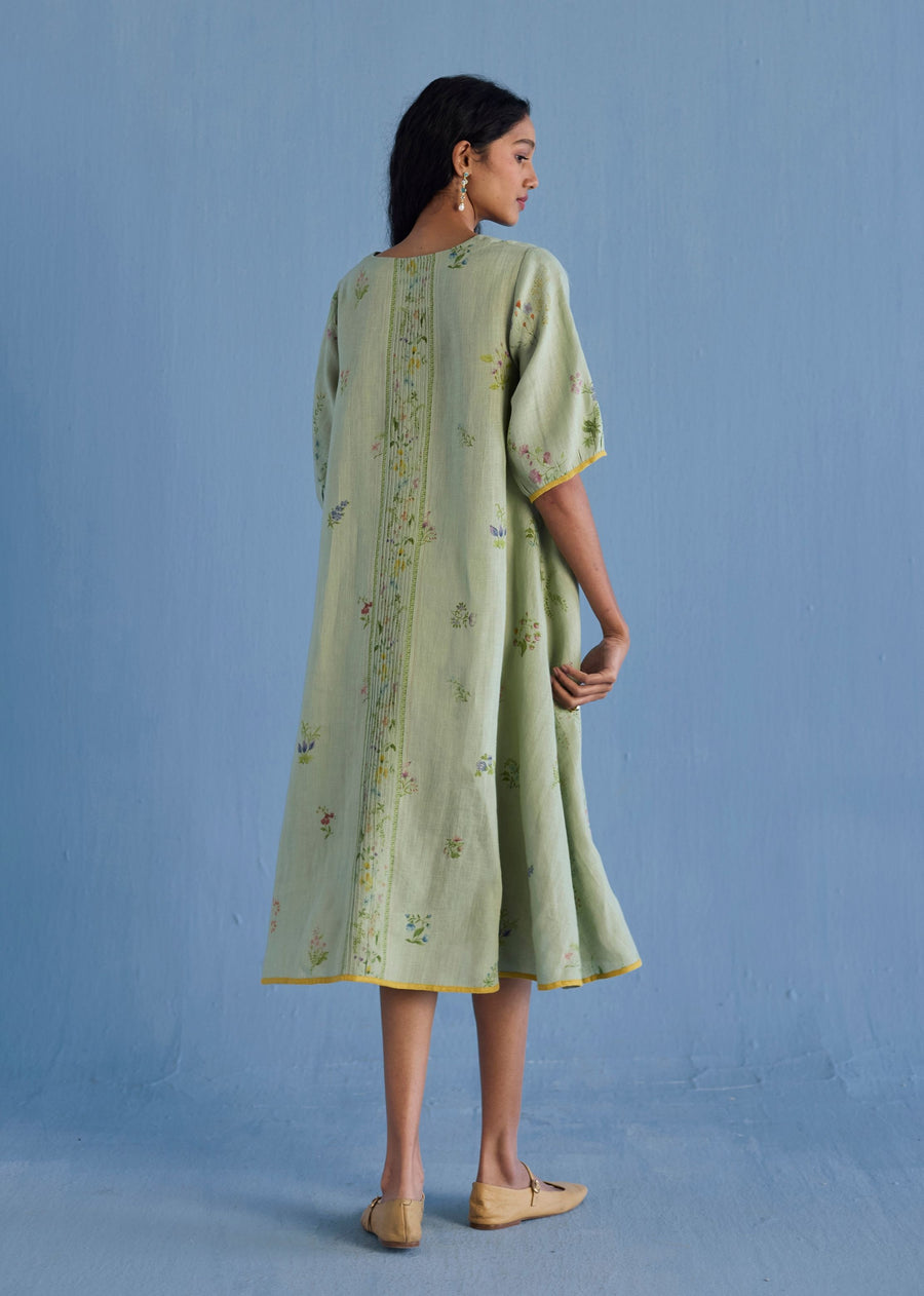 Nami Floral Printed Linen Dress - Mint