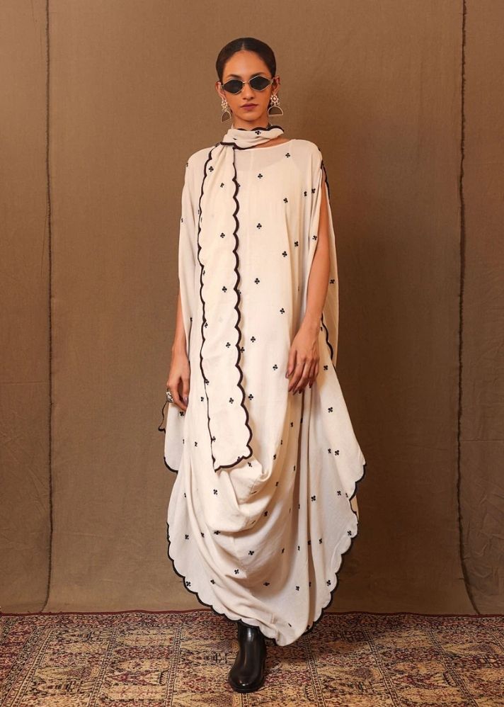 A Model Wearing White Pure Cotton Off-White Black Club Emb Cowl Dress & Stole (3 Pcs), curated by Only Ethikal