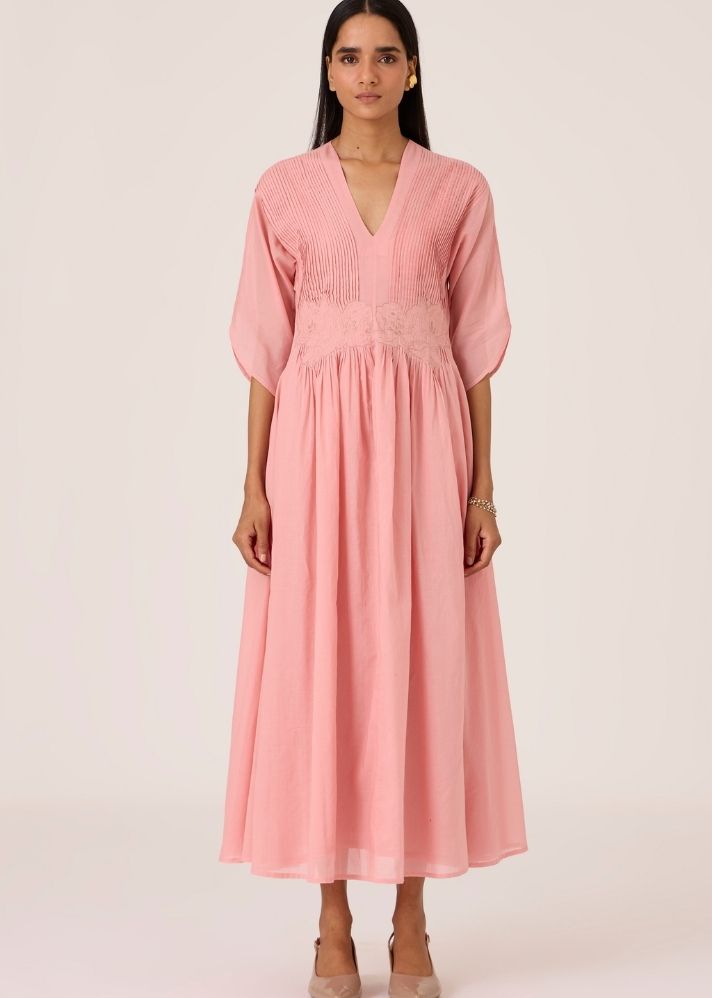 A Model Wearing Pink Organic Cotton Kamil Pink Embroidered Maxi Dress , curated by Only Ethikal