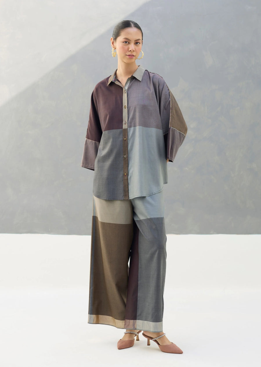 A Model Wearing Brown Silk Sara Eri Silk Co-Ord Set - Taupe Grey, curated by Only Ethikal